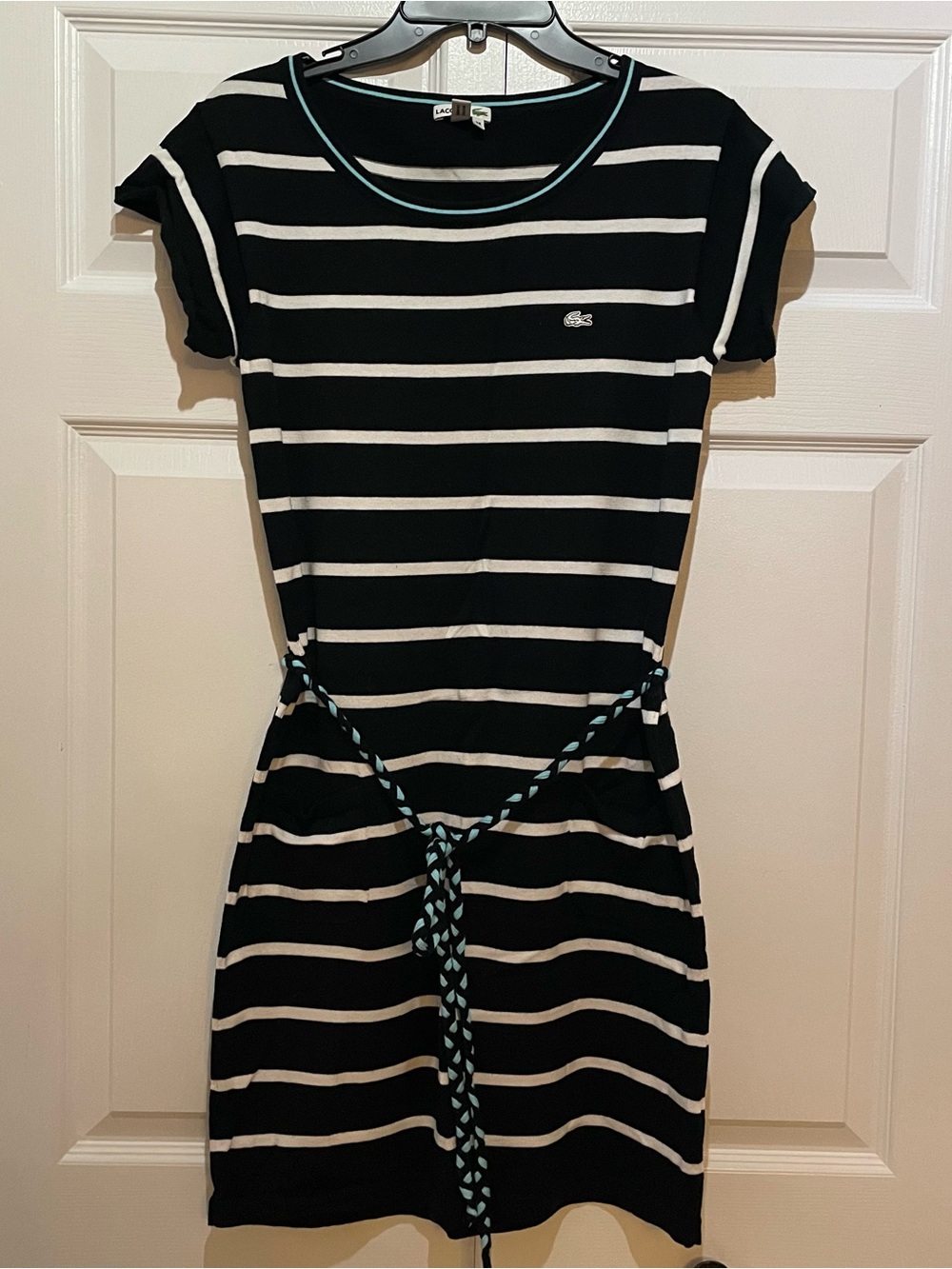 Lacoste Black and White Striped Dress with Braided Waist Tie